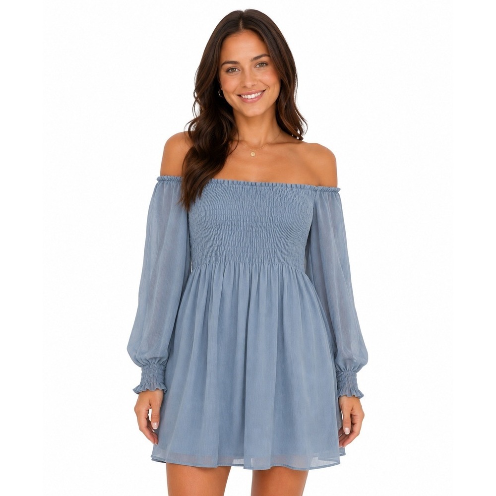 Zara Basic Smocked Peasant Dress Womens Small Blue Sheer Long Sleeve Mini Square